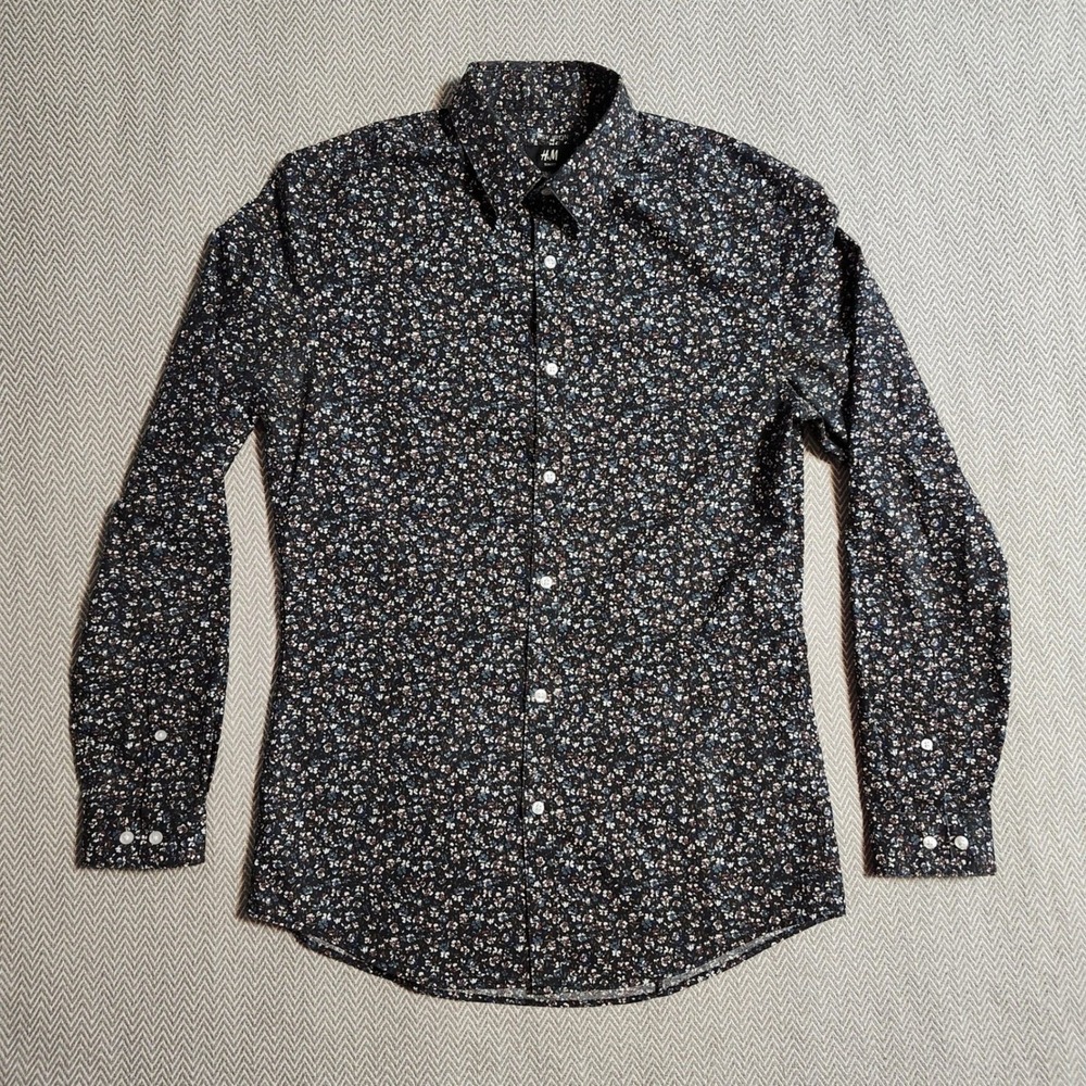 HM Easy Iron Slim Fit Mens S Navy Blue Ditsy Floral Button Down Shirt Long Slv